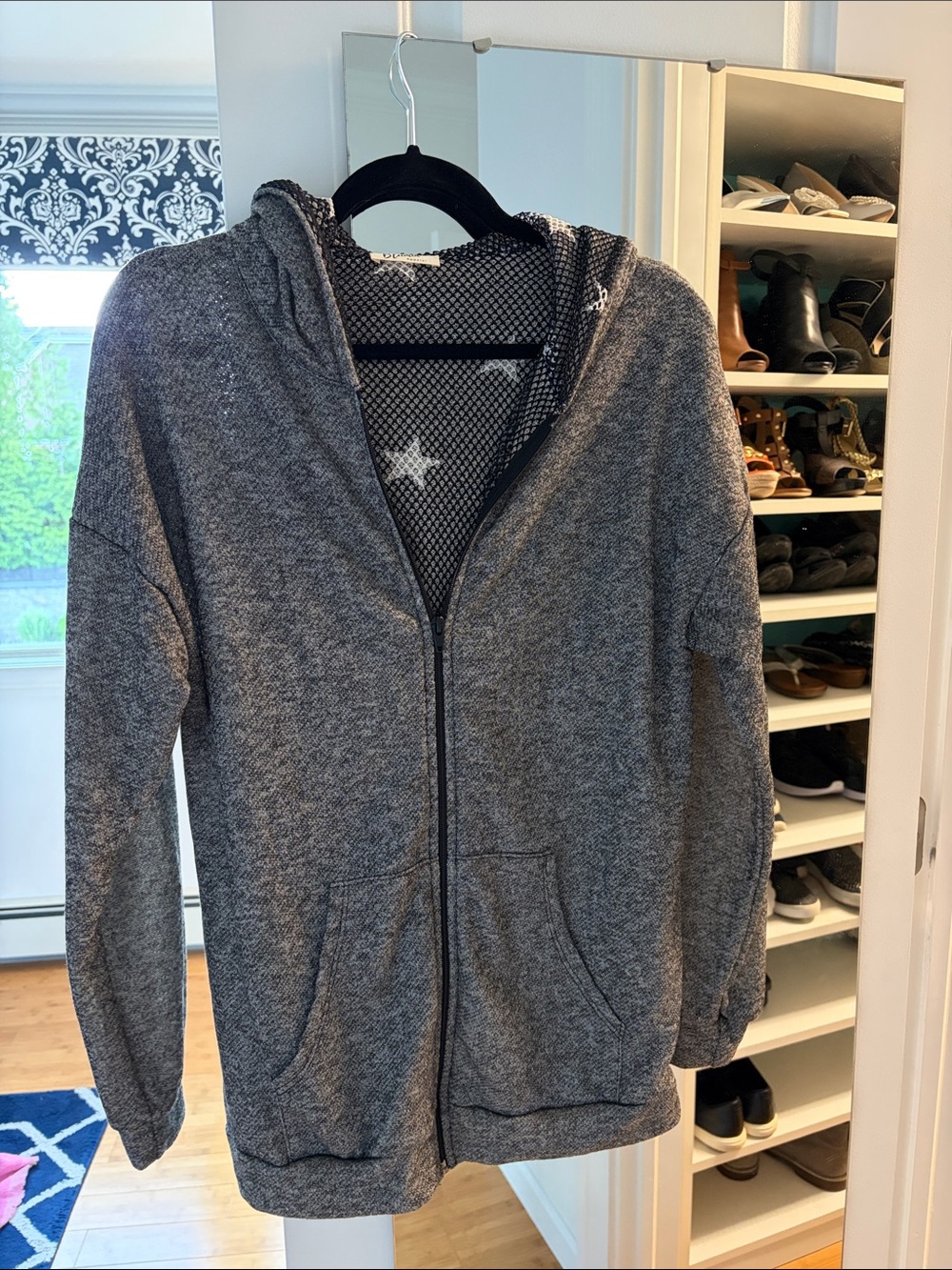 Gray Hooded Zip Sweater Jacket with star mesh lining